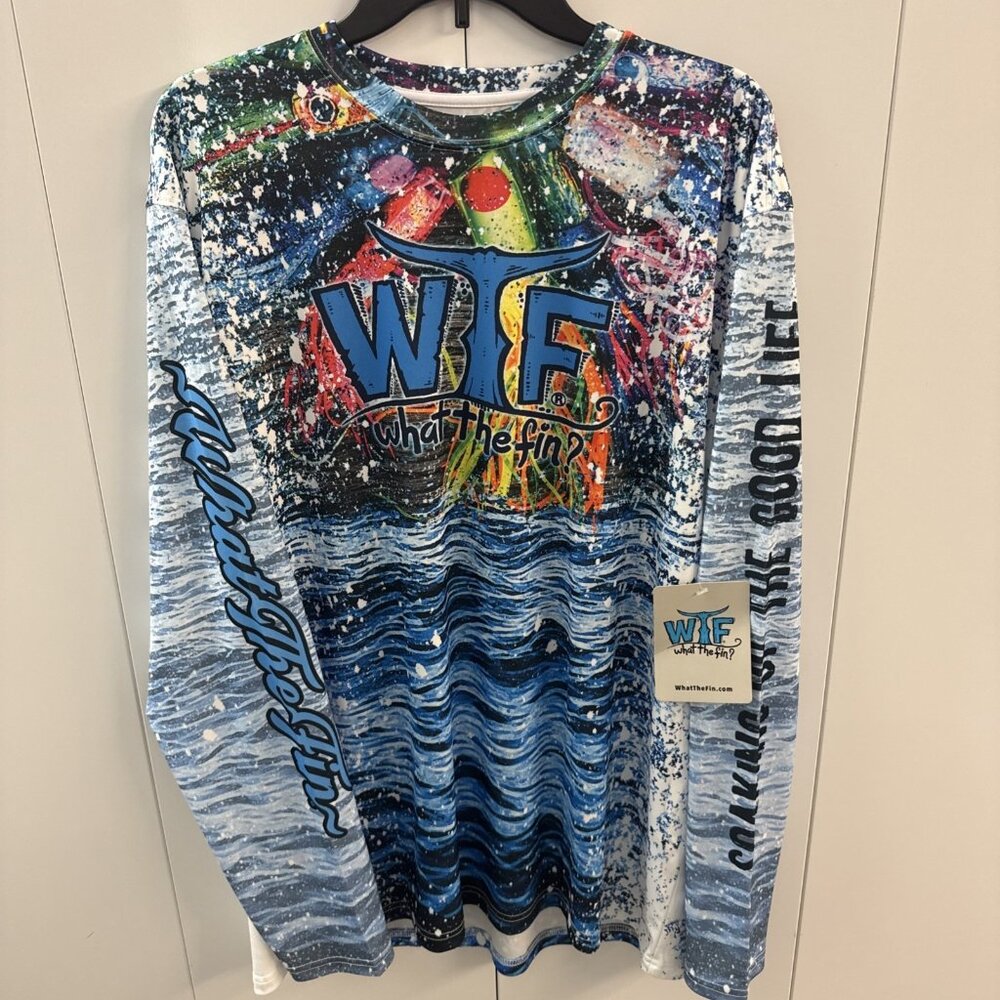 What The Fin WTF Men's XL Long Sleeve Fishing Shirt Graphic Print Boating NWT